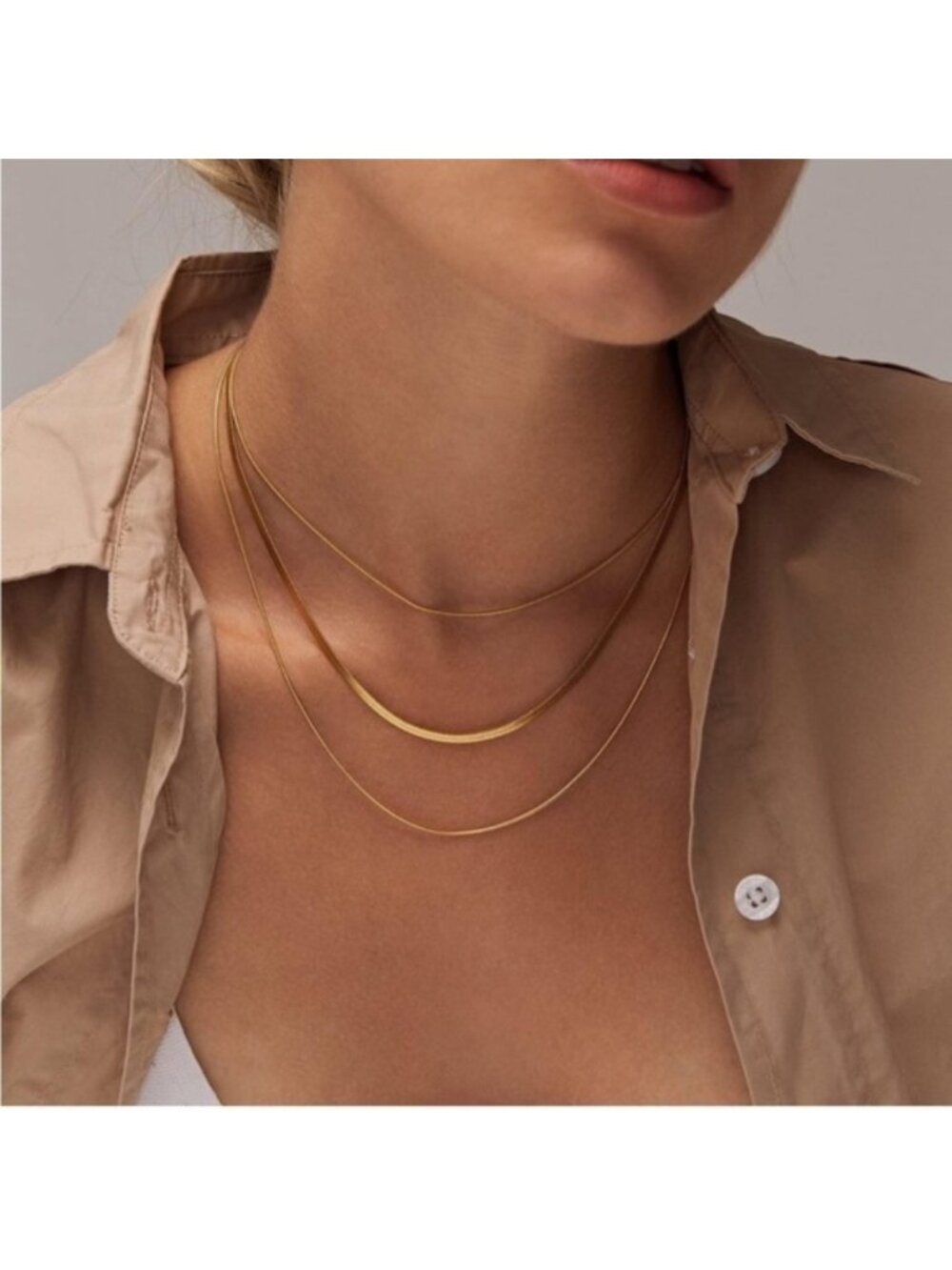 GOLD 14k Gold Plated 3pc Herringbone Necklace Set